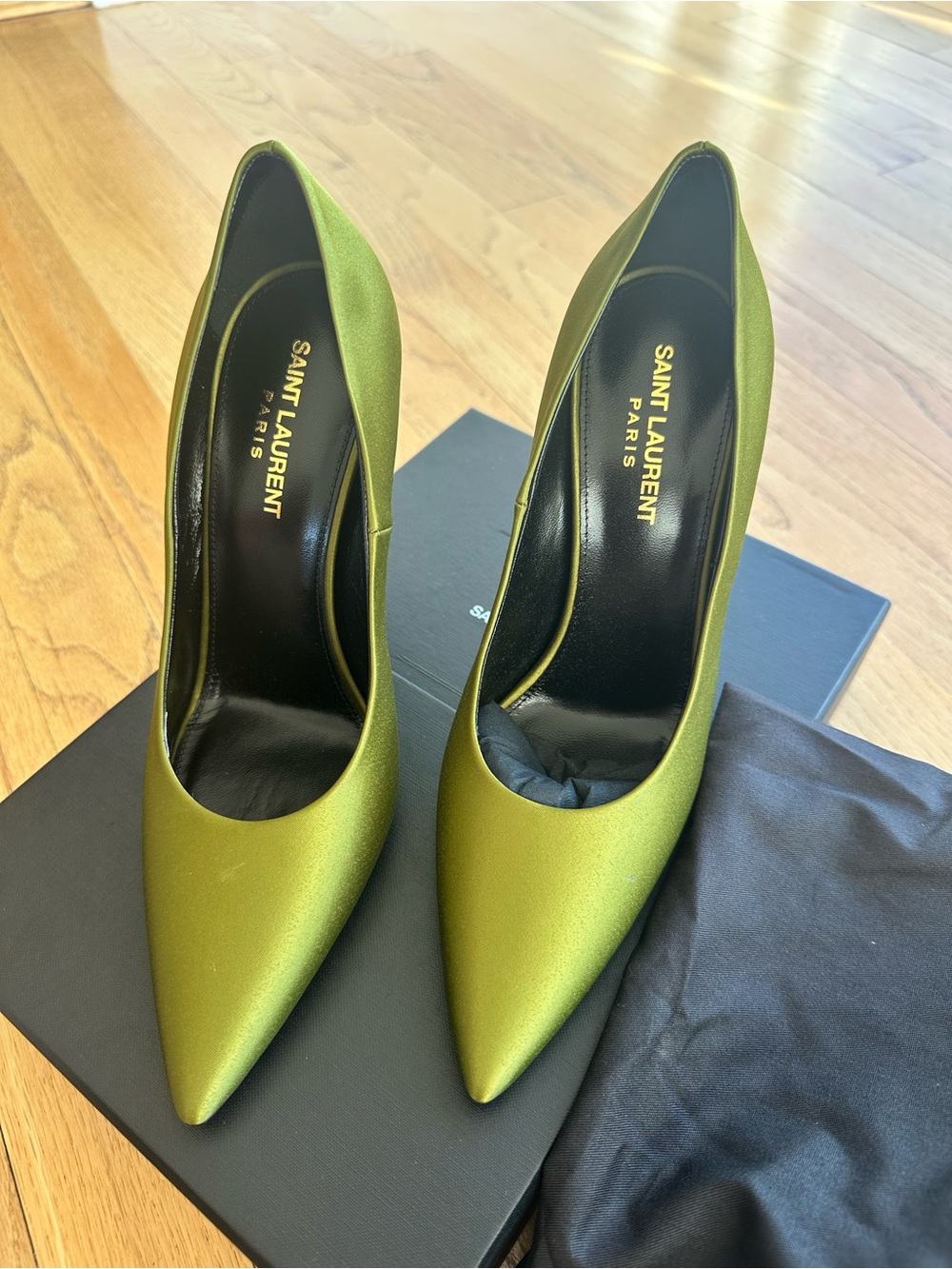 Saint Laurent Olive Satin Pointed Toe Pumps